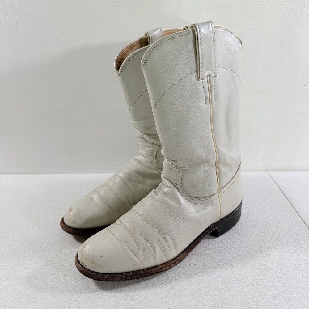 Justin L3713 White Leather Roper Cowboy Cowgirl Boots Pull On Western Size 5.5 B